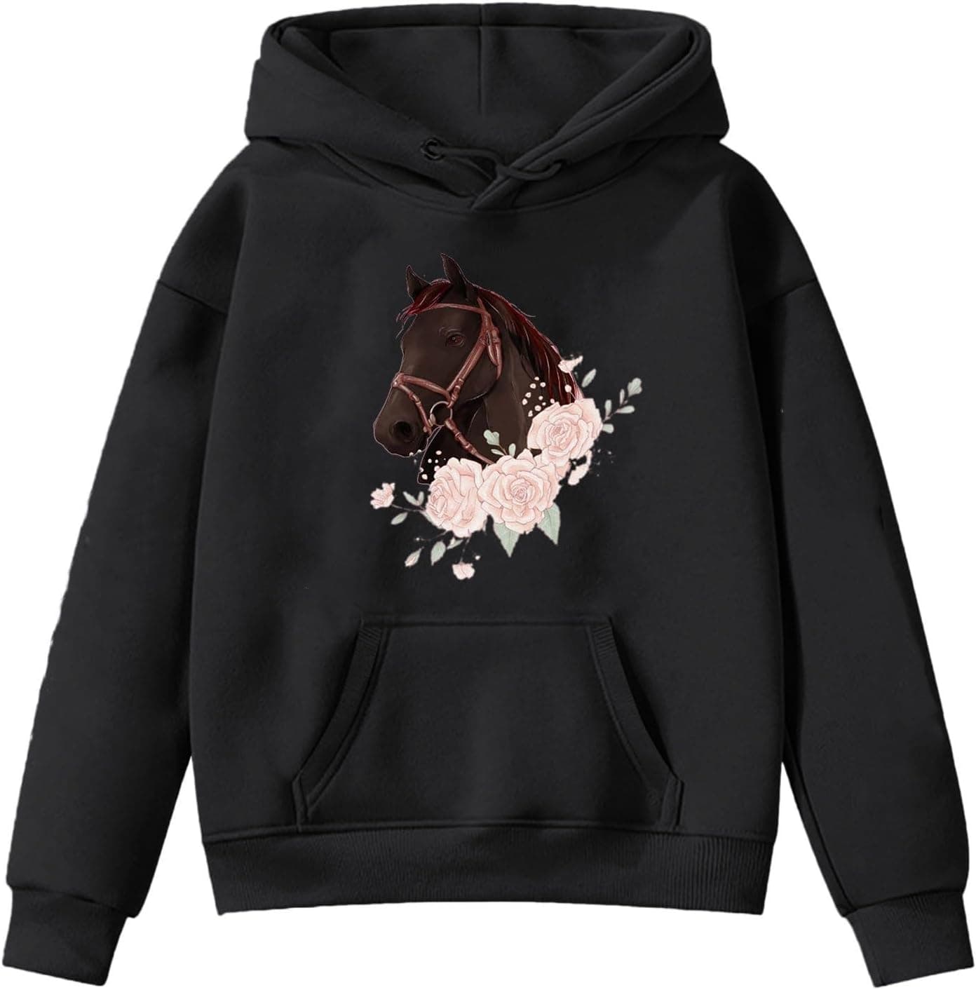 Generisch Sweat-shirt court pour fille - Pull à capuche à manches longues avec imprimé cheval pour enfants - Pull pour fille