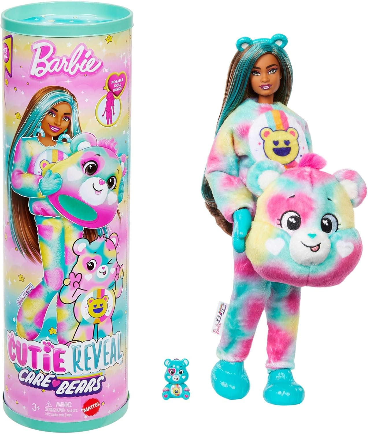 Barbie Poupée Cutie Reveal Bisounours, avec Costume en Peluche Touradieuse et 10 Surprises, y Compris Changement de Couleur et Mini Ours, JFV62